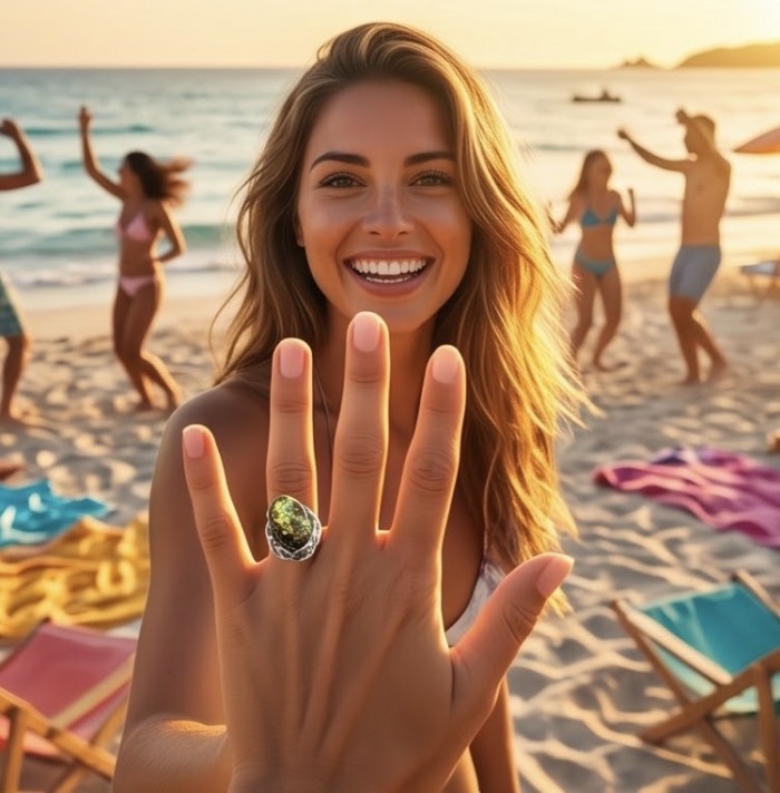 Serenity Natural Green Baltic Amber .925 Sterling Silver handmade Large Statement Ring size 9 - Ring with green Baltic amber worn on hand at beach party.
