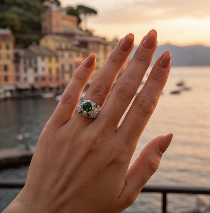 Luxurious 6.7 carat Colombian Emerald .925 Sterling Silver rhodium over handcrafted Ring s. 6 - Emerald ring worn on hand with waterfront view at sunset