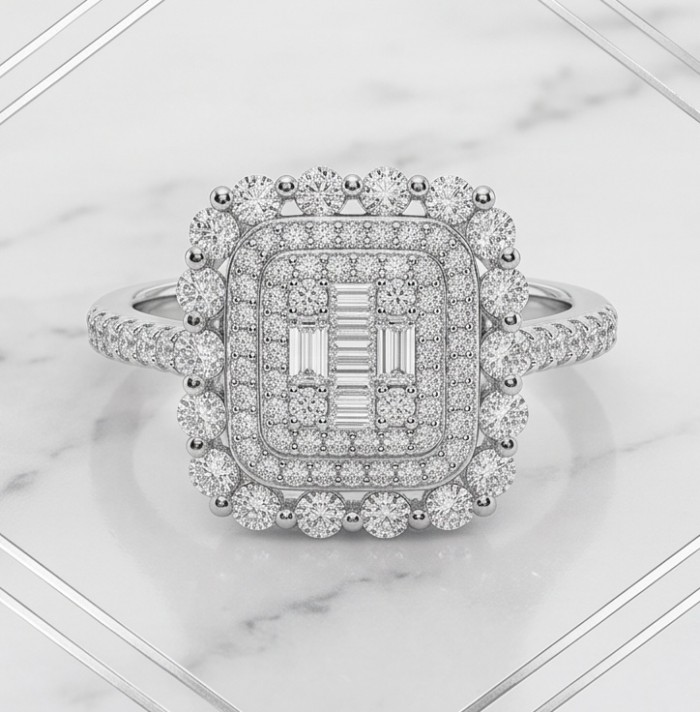 Art Deco Luxurious 6.5 carat White Topaz .925 Sterling Silver ring size 9 - Top view of Art Deco white topaz ring on marble background.