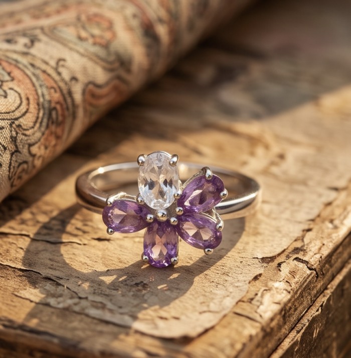 Victoria 6.5 carat Amethyst rhodium over .925 Sterling Silver Handcrafted Ring size 8 - Amethyst flower ring, close-up on wooden surface, side view