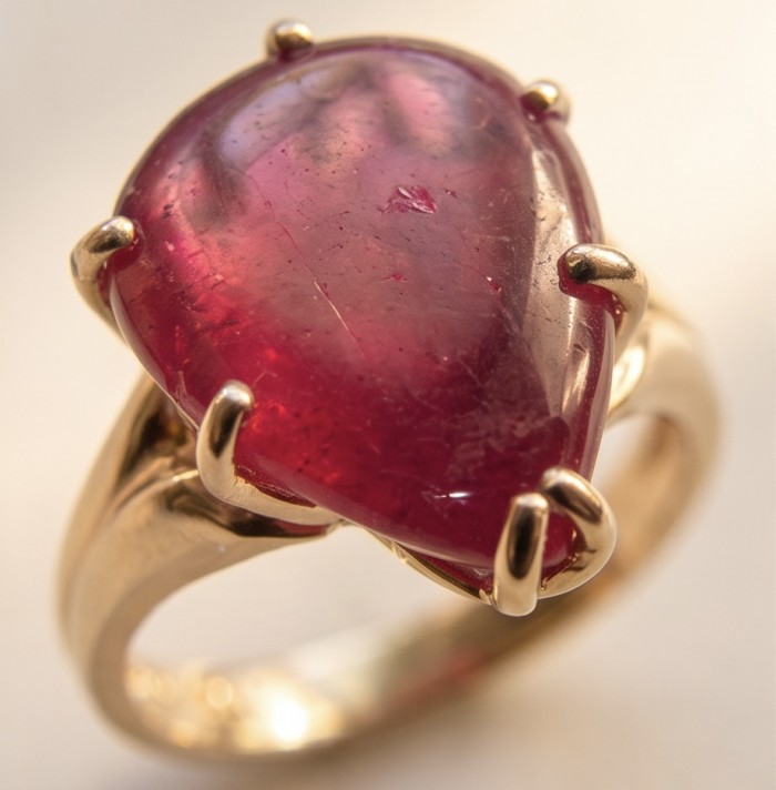 Scarlett 10.7 ctw Mozambique Ruby .925 Sterling Silver DIPPED IN 18k GOLD handcrafted Statement Ring size 6 - Close-up of a pear-shaped ruby ring with gold prongs