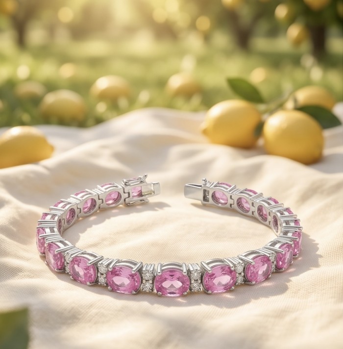 Luxurious 28.4 carat Pastel Light Pink Sapphire .925 Sterling Silver handcrafted Bracelet - Pink sapphire bracelet with silver accents on fabric, outdoor setting