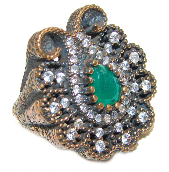 Victorian Style created Emerald & White Topaz Copper over Sterling Silver ring; s. 6 1/2 - photo 1
