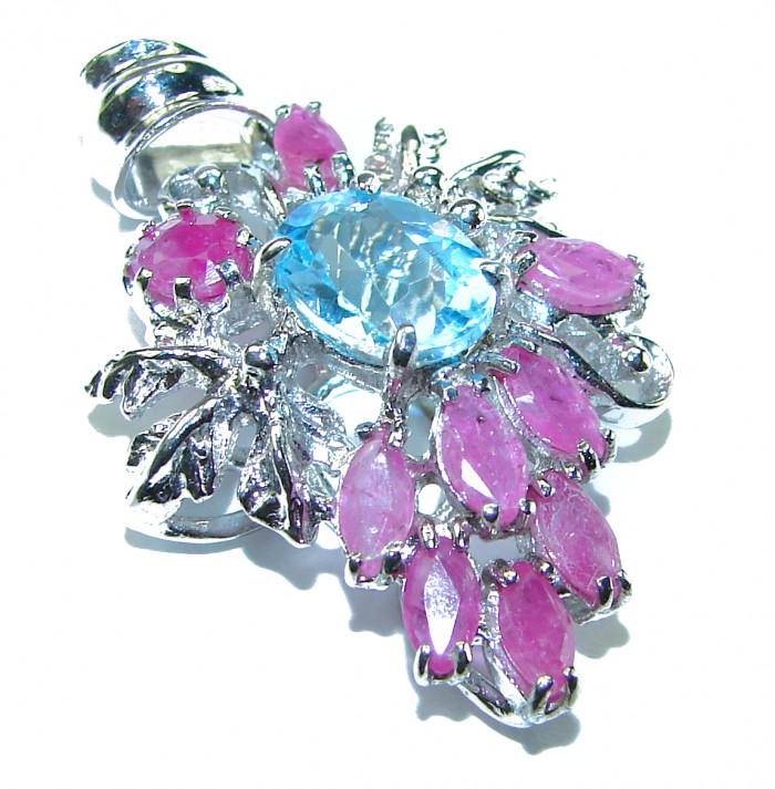 Precious Treasure 8.5 carat Swiss Blue Topaz Ruby .925 Sterling Silver handmade Pendant - photo 1