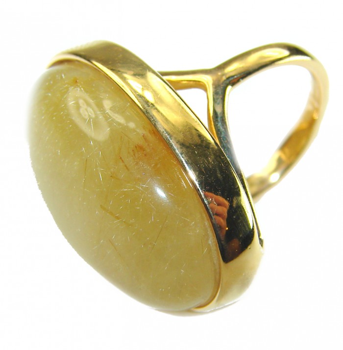 21.2 carat Himalayan Golden Rutilated Quartz 14K Gold over .925 Sterling Silver handcrafted Ring Size 5 - Side view of 21.2 ct Golden Rutilated Quartz ring in 14K gold setting.