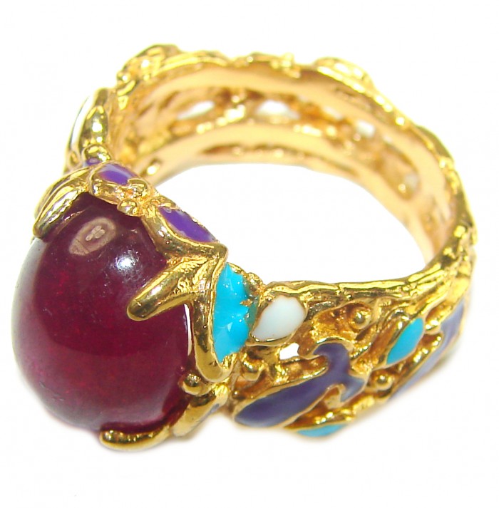 Passion 6.5 carat Ruby turquoise Enamel 18K Gold over .925 Sterling Silver Huge handcrafted Ring s. 6 - Side view of 18K gold ring with ruby, turquoise, and enamel details.