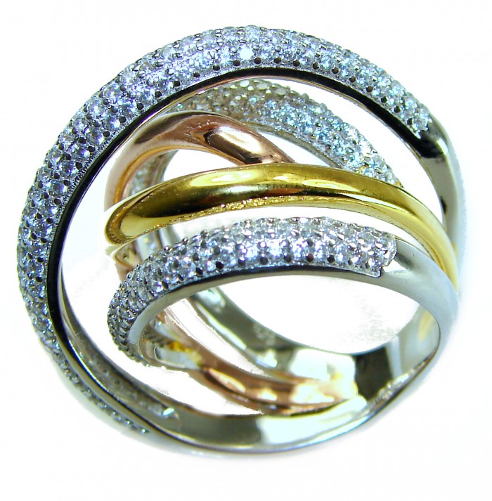SPECTACULAR Three Tones Sterling Silver Italy made .925 STERLING Ring size 6 - Close-up of three-tone sterling silver ring with embedded crystals