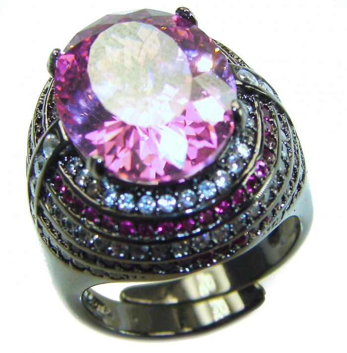 Anastasia 10.2 carat Pink Sapphire black rhodium over .925 Sterling Silver Handcrafted Statement Ring size 7 adjustable - Close-up of Anastasia 10.2 carat pink sapphire ring in black rhodium.