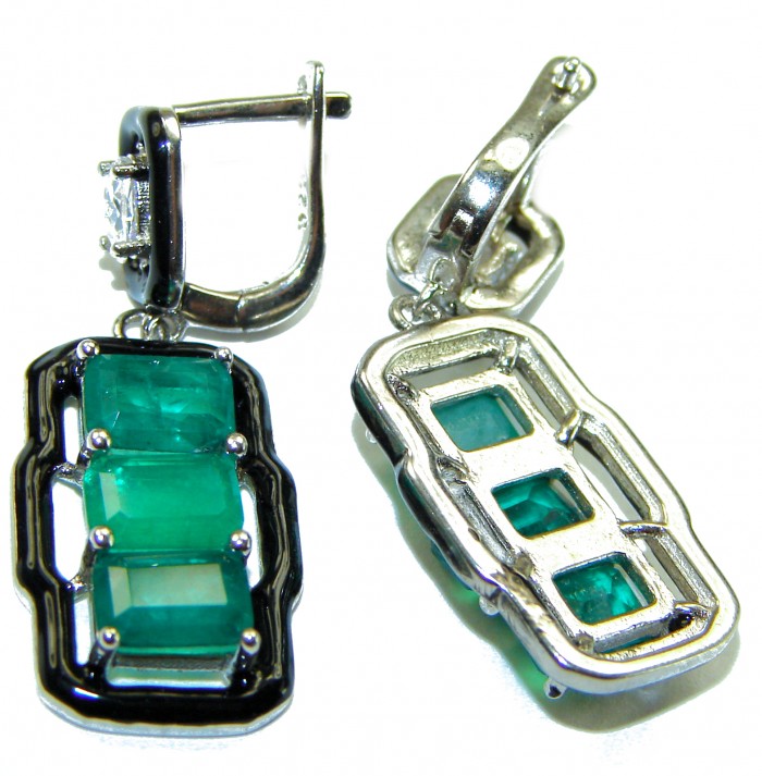 Art Deco 8.5 carat Emerald black enamel .925 Sterling Silver handcrafted earrings - Emerald earrings front and back view, Art Deco style, sterling silver.