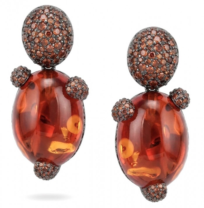 Exquisite 12.4 ctw Red Topaz 7.2 carat pave Ruby .925 Sterling Silver dipped in black rhodium handcrafted Statement earrings - Front view of red topaz and pave ruby earrings with sterling silver.