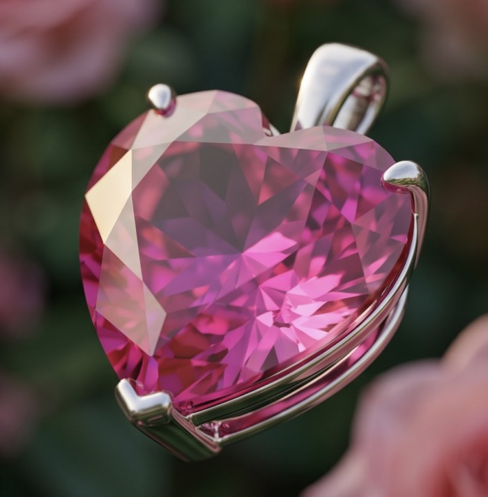 Angel's Heart Luxurious 26.8 carat Pink Sapphire .925 Sterling Silver handcrafted pendant - Close-up of heart-shaped pink sapphire pendant with silver setting.