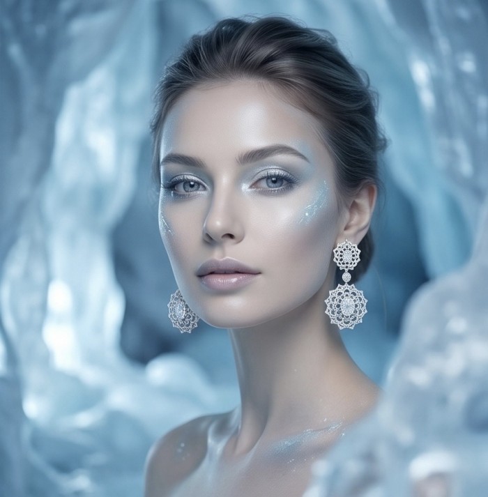 Elizabeth Natural 8.2 carat White Topaz .925 Sterling Silver handcrafted earrings - Model wearing Elizabeth earrings with white topaz, icy background.