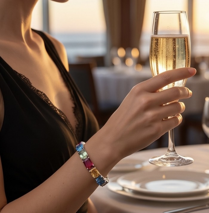Tutti Frutti 40.5 CARAT MULTIGEM rhodium over .925 Sterling Silver brilliantly handcrafted Bracelet - Worn on wrist, multigem bracelet with glass of champagne in hand