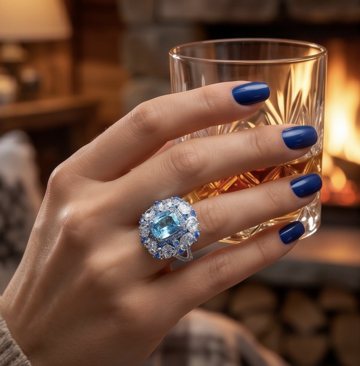 Paris Sky Blue 12.8 carat Swiss Blue Topaz .925 Sterling Silver dipped in rhodium handcrafted ring size 8 - Worn on hand: Paris Sky Blue Topaz ring with blue nails and drink.