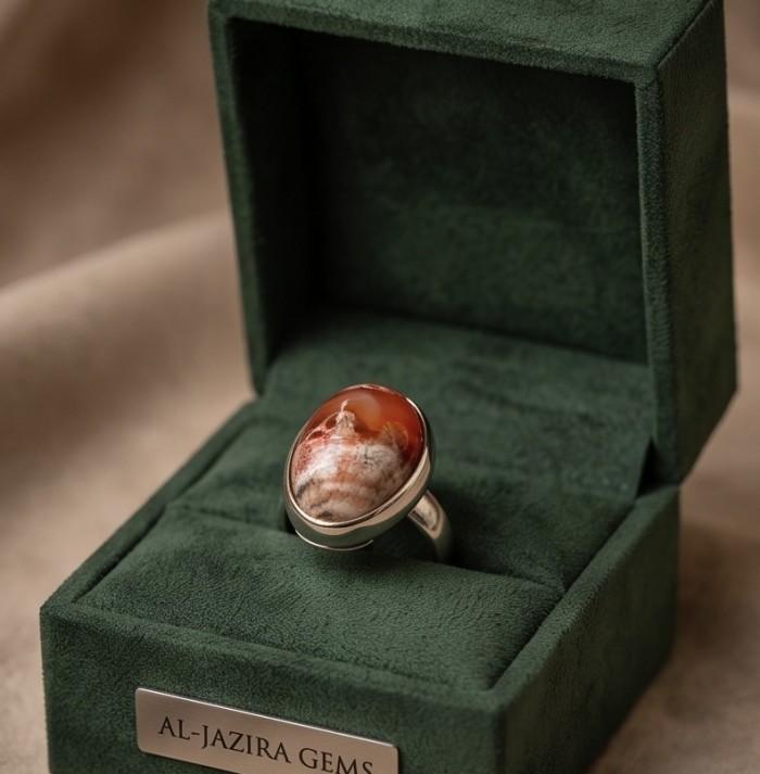 Bonfire Night best quality 22.5 carat Mexican Opal rhodium over .925 Sterling Silver handmade ring 8 - Mexican Opal ring in green box, top view.