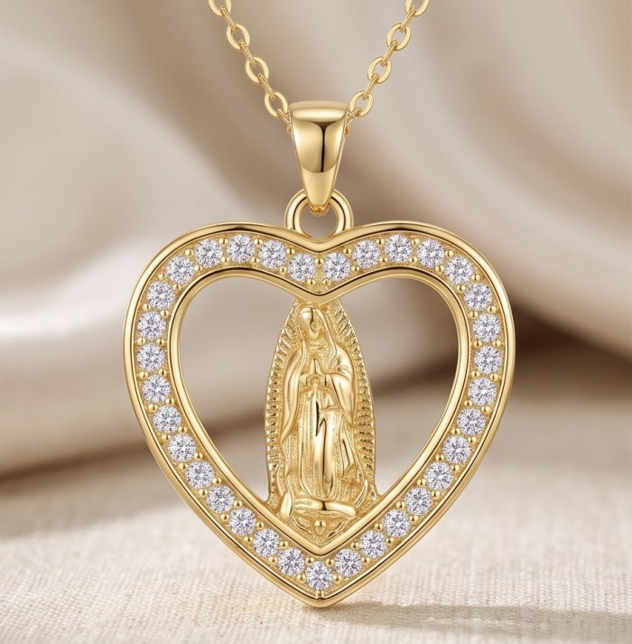 Holy Mary - Vintage design - 10K Gold over 925 Sterling Silver handcrafted Necklace - Heart-shaped gold pendant with Holy Mary, front view, diamond accents.