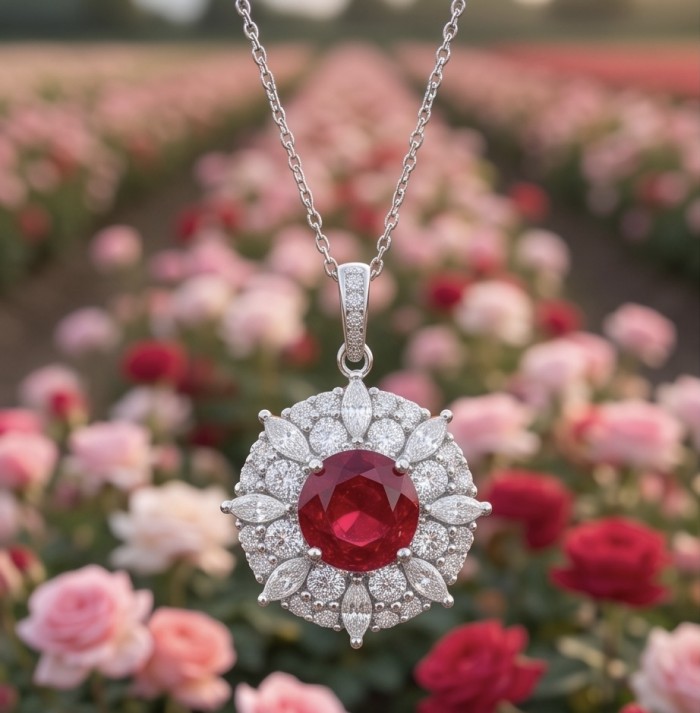 Genuine 3.8 carat Ruby rhodium over .925 Sterling Silver handcrafted Statement Pendant - Close-up of ruby pendant on a silver chain with floral backdrop