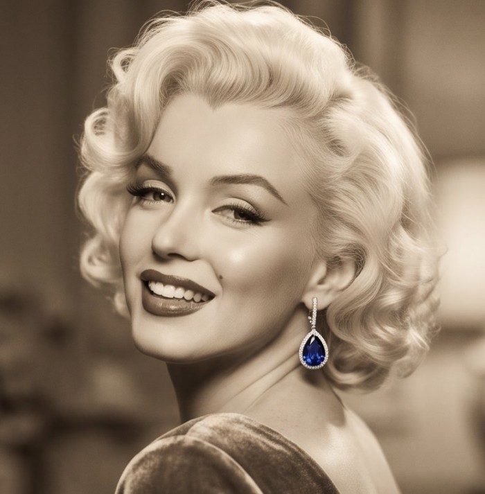 Vintage style - Marlyn - pear cut 14.9 carat Sapphire .925 Sterling Silver handcrafted earrings - Side view of pear cut sapphire earring worn by model.