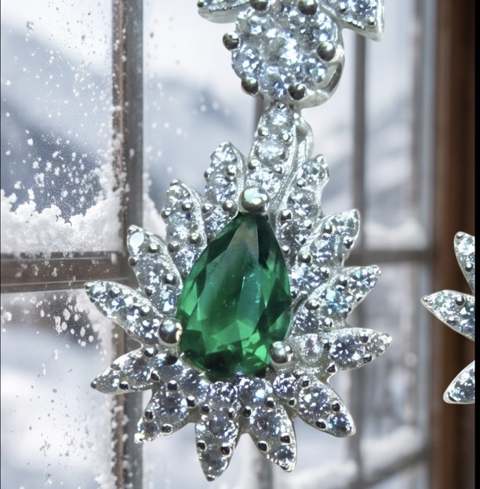 Estelle - Authentic 3.9 carat COLOMBIAN EMERALD rhodium over .925 Sterling Silver handcrafted earrings - Close-up of emerald and diamond earrings against snowy window background.