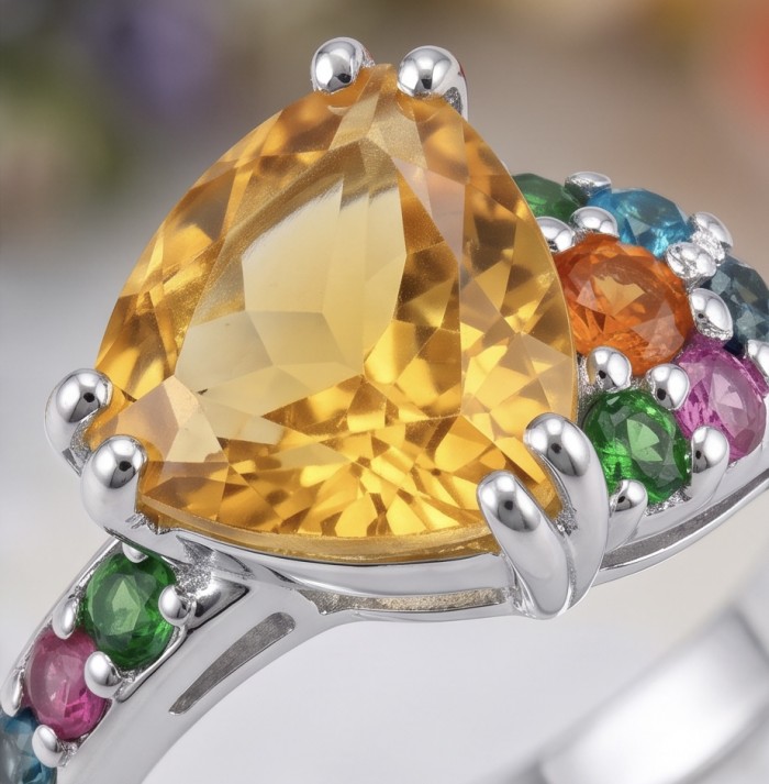 Victoria 5.2 carat Brazilian Citrine .925 Sterling Silver dipped in rhodium handcrafted ring; s. 7 - Close-up of Brazilian Citrine ring with colorful gemstones in sterling silver.