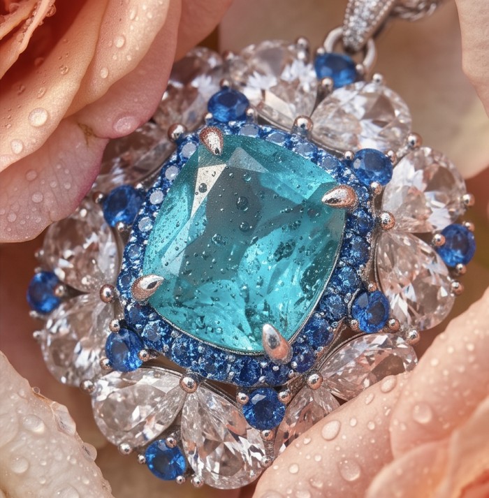 Vintage style 8.5 carat Swiss Blue Topaz Rhodium over .925 Sterling Silver handcrafted necklace - Close-up of vintage style pendant with blue topaz and diamonds.