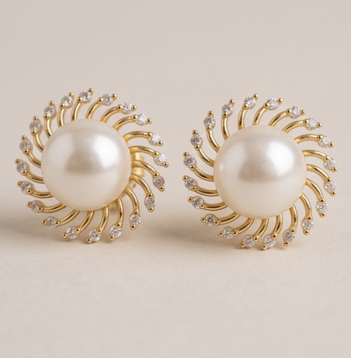 Genuine Pearl 18k Gold over .925 Sterling Silver handcrafted Statement Earrings - Close-up of genuine pearl earrings with 18k gold twist detail