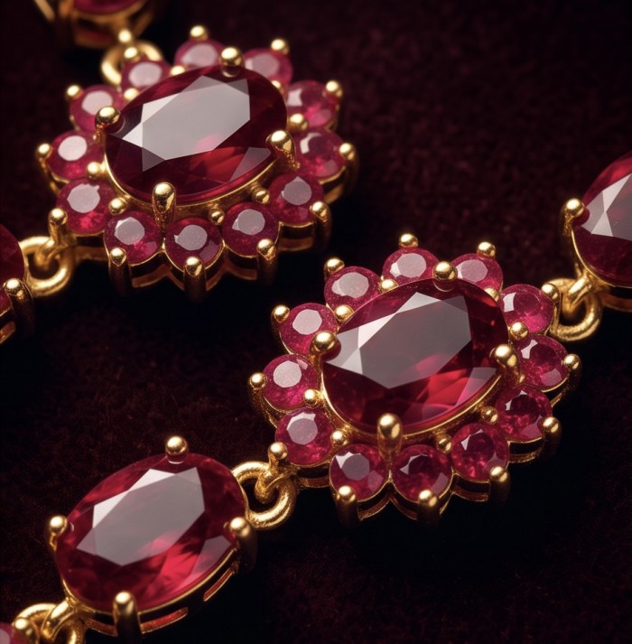 Carmen 28.2 carat Natural Kasmir Ruby .925 Sterling Silver dipped in 22K Gold handcrafted Statement necklace - Close-up of Carmen 28.2 carat natural Kashmir ruby necklace.