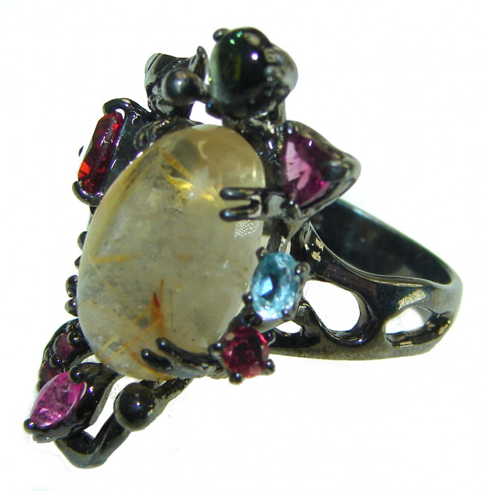 Pure Magic Best quality 9.5 carat Golden Rutilated Quartz black rhodium over .925 Sterling Silver handcrafted Ring Size 7 - photo 2