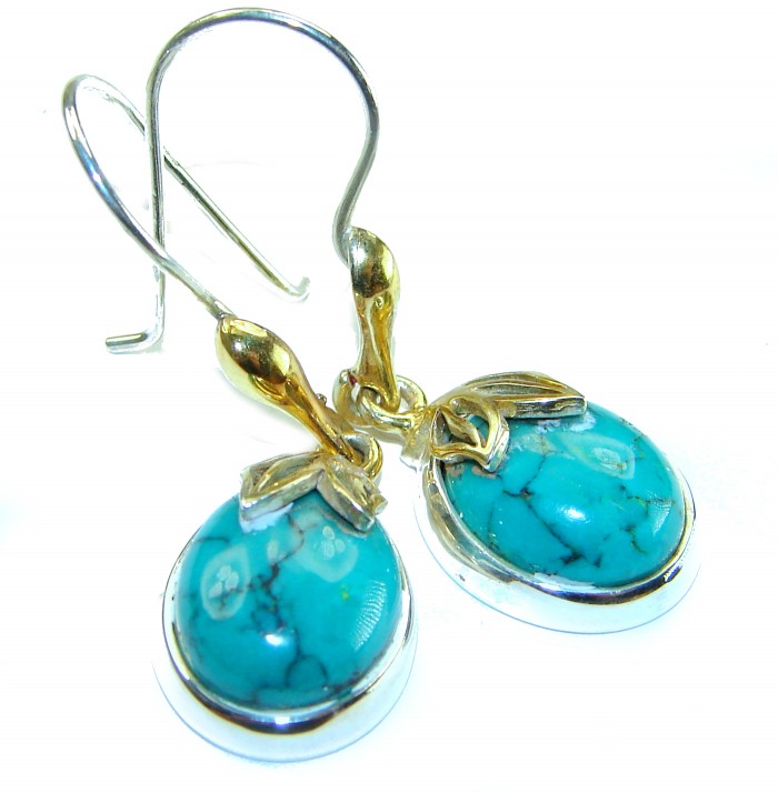 Authentic Turquoise 2 tones .925 Sterling Silver handcrafted Earrings - Close-up of turquoise earrings with gold accents and sterling silver hooks.