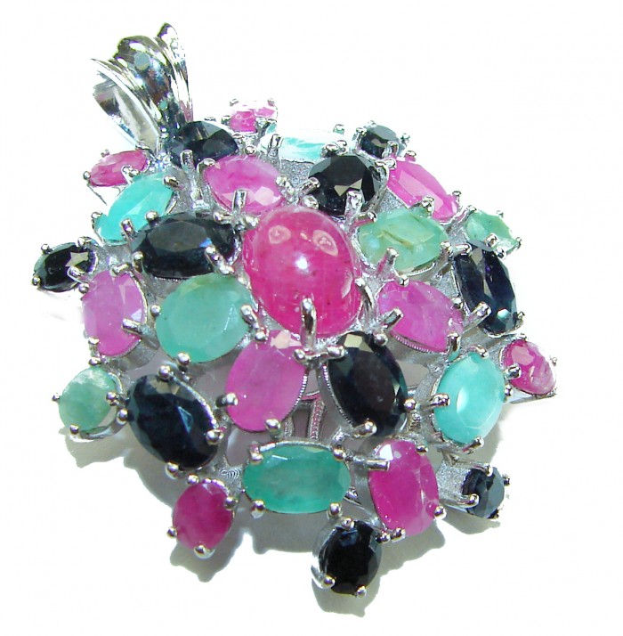 Penelope Red Ruby Emerald Sapphire 19.5 carat .925 Sterling Silver handmade Pendant - Colorful gemstone pendant, top view, showcasing ruby, emerald, and sapphire.