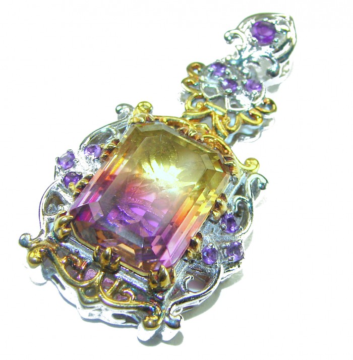 Deluxe baquette cut 12.5 carat Ametrine 18K Gold over .925 Sterling Silver handmade Pendant - photo 3
