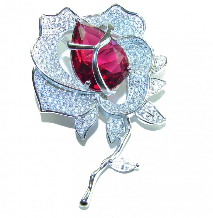 Retro Style - Precious Rose Genuine 18.5 carat Ruby .925 Sterling Silver handmade Pendant - Brooch - Rose-shaped brooch with ruby, top view showing intricate details.
