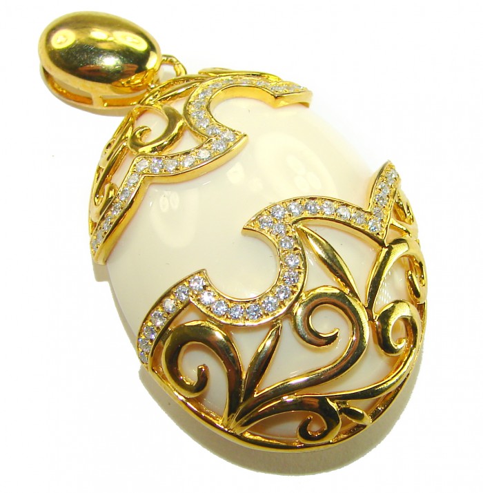Rare finding! Perfect quality White Jade 14K Gold over .925 Sterling Silver handmade Pendant - Ornate 14K gold and jade pendant, top view showing intricate design.