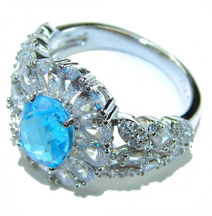 Blue Odyssey 4.5 carat authentic Swiss Blue Topaz .925 Sterling Silver handmade Statement Ring size 7 1/4 - Close-up of Blue Odyssey 4.5 carat Swiss Blue Topaz ring in .925 silver.