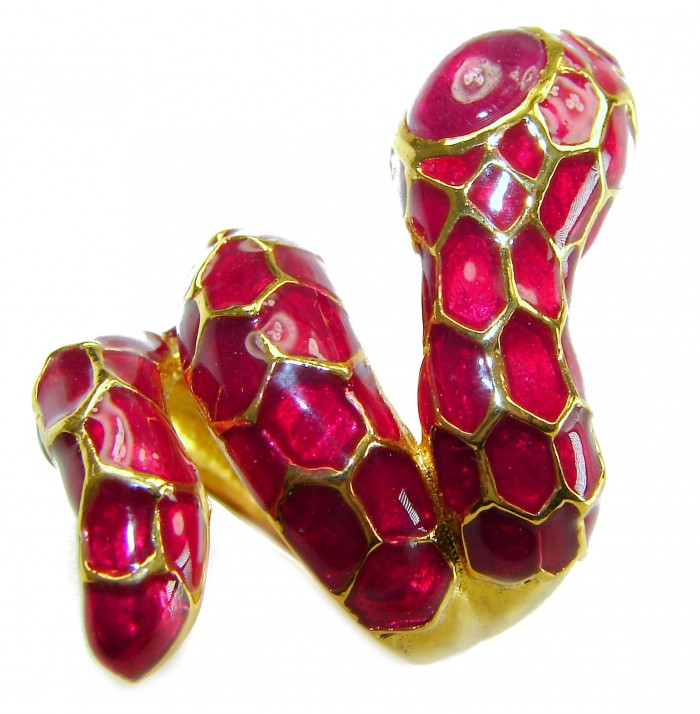 Red Snake Ruby Enamel 18K Gold over 3.5 carat Ruby .925 Sterling Silver Huge handcrafted Ring s. 6 - Close-up of red snake ring with ruby enamel and gold detailing
