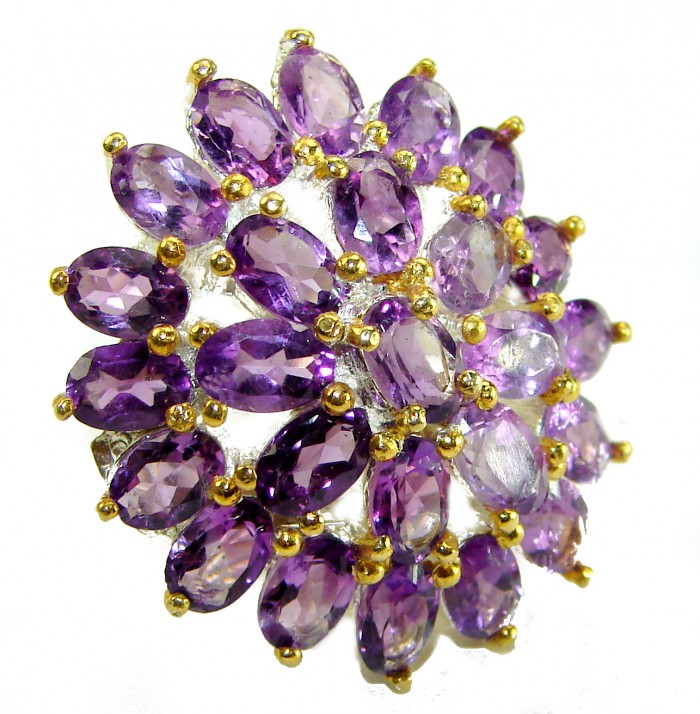 Purple Spring 35.5 carat Amethyst .925 Sterling Silver dipped in 14K Gold over Handcrafted Ring size 7 - Close-up of Purple Spring amethyst cluster ring in sterling silver.