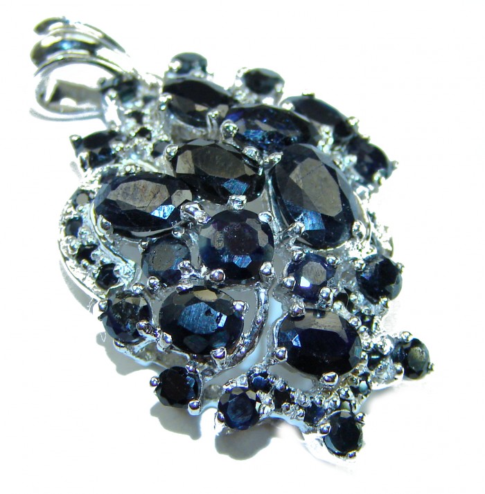 Precious authentic 22.2 carat Sapphire .925 Sterling Silver Eternity handcrafted PENDANT - Close-up of sapphire cluster pendant in sterling silver setting.