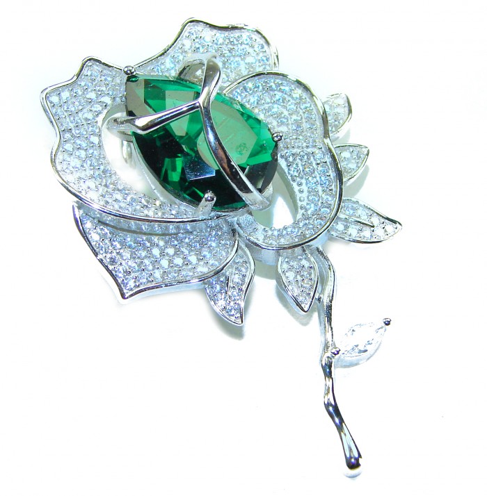Retro Style - Precious Rose Genuine 12.5 carat Colombian Emerald .925 Sterling Silver handmade Pendant - Brooch - Close-up of retro-style rose brooch with emerald and crystals.
