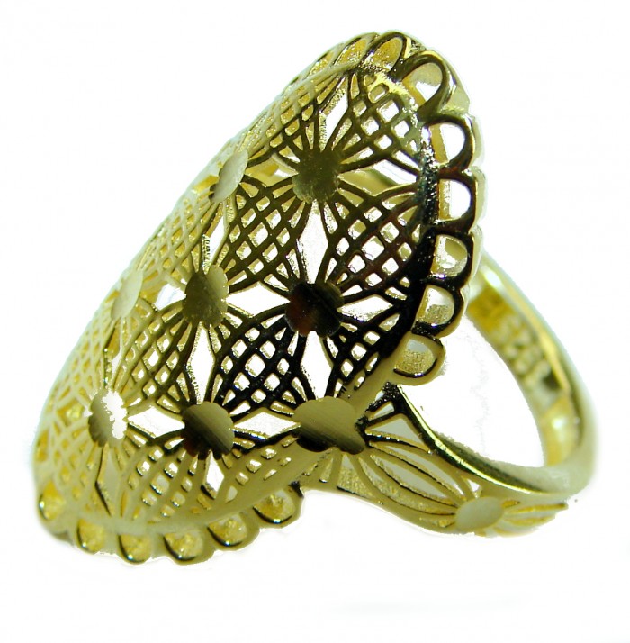 Dubai Style - .925 Sterling Silver dipped in 22K Gold handmade Large ring size 7 - Gold-plated silver ring with intricate filigree design, side view.