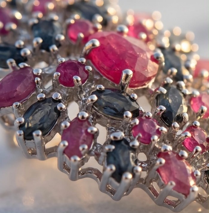 Bella Rosa Genuine 22.8 carat Ruby .925 Sterling Silver dipped in rhodium Statement brilliantly handcrafted earrings - Close-up of Bella Rosa 22.8 carat Ruby in .925 Sterling Silver setting.