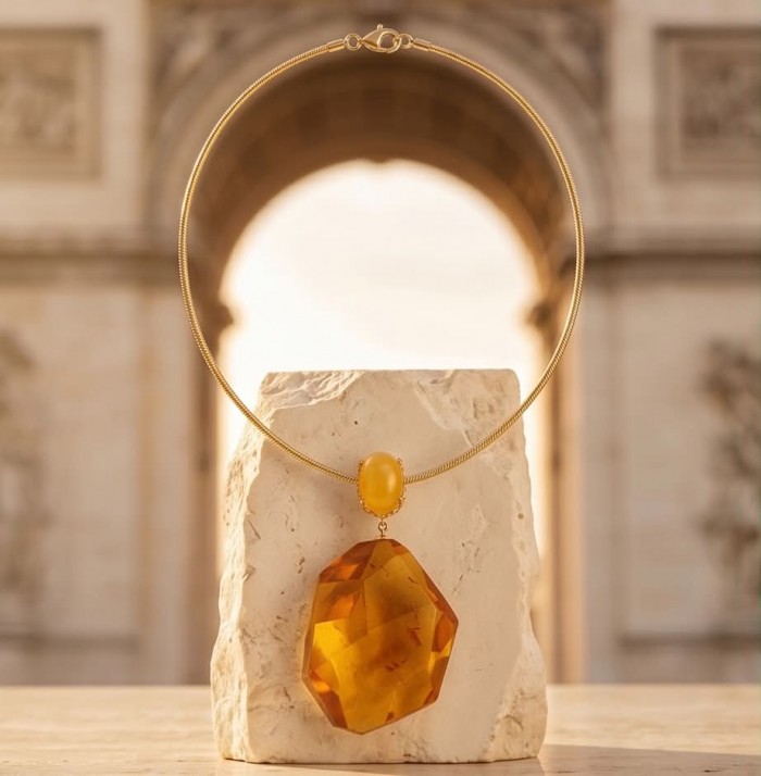 Wonderful Perfection real faceted Elegant Genuine Golden Baltic Amber 22K Gold over .925 Silver handcrafted Necklace - Golden necklace with faceted stone displayed on a stone pedestal.