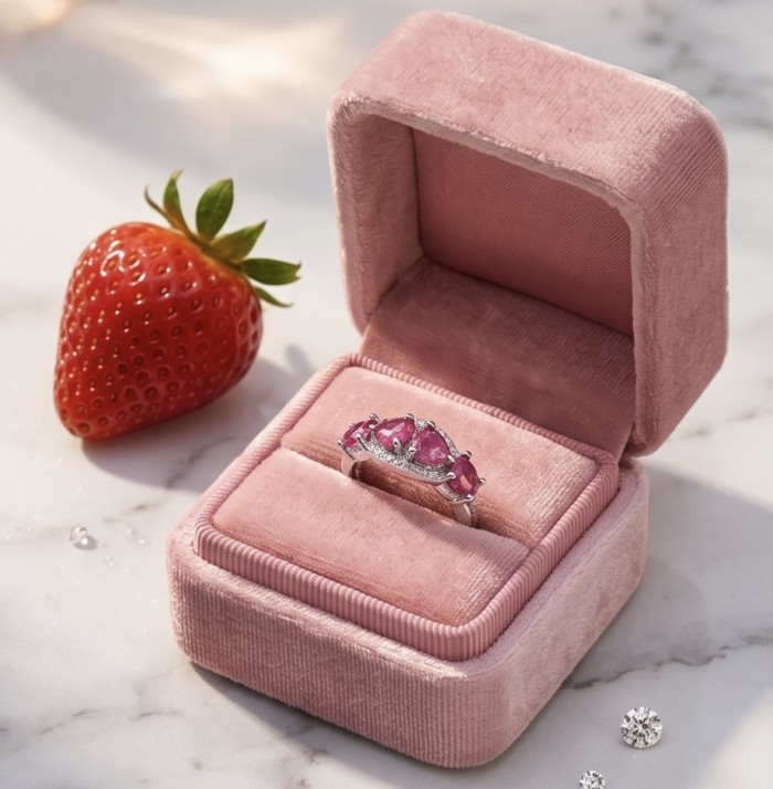 4 Hearts Natural 7.4 carat Ruby .925 Sterling Silver dipped in Rhodium handmade Statement Ring size 6 1/4 - Ring with ruby hearts in pink box, top view, strawberry nearby.
