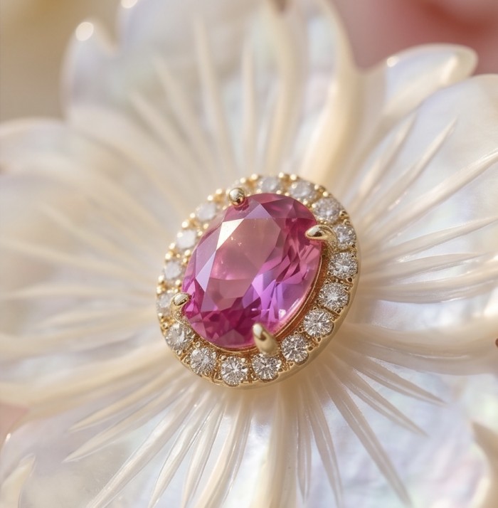 Genuine Blister Pearl 5.9 carat Pink Tourmaline .925 Sterling Silver handcrafted Large Statement Earrings - Close-up of 5.9 carat pink tourmaline on blister pearl background.