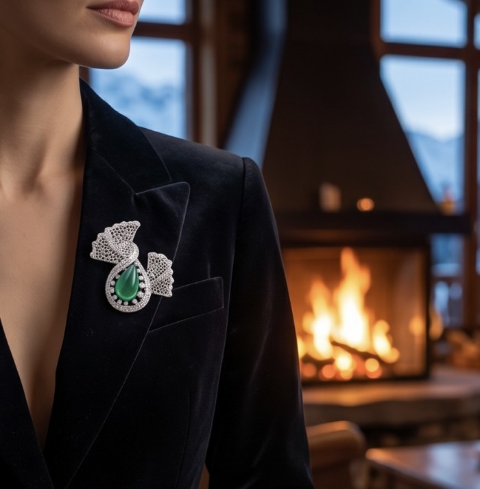 Black Label Collection - Retro Style - Genuine 10.5 carat Colombian Emerald .925 Sterling Silver handmade Brooch - photo 1