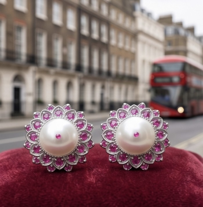 Classy Design - Genuine Pearl Ruby rhodium over .925 Sterling Silver handcrafted Statement Large Earrings - Pearl and ruby earrings on velvet with blurred London street background