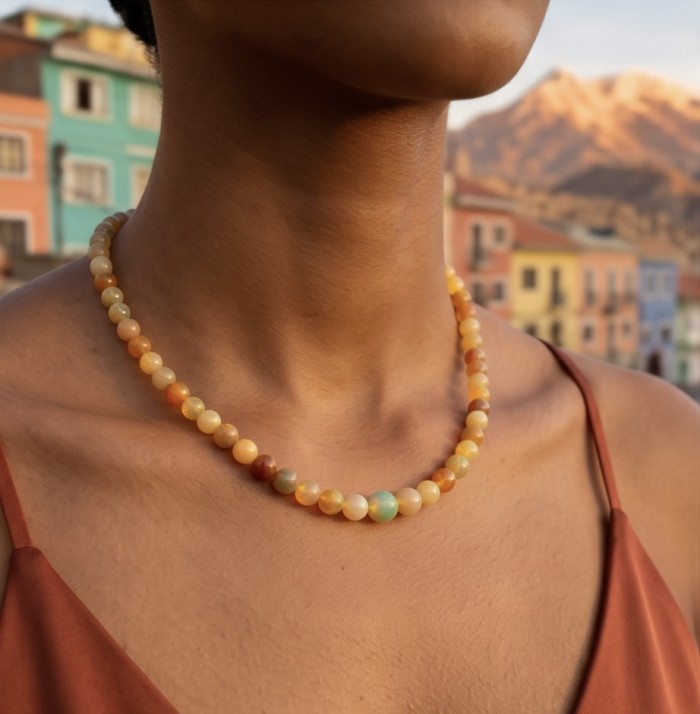 Real Masterpiece Natural Ethiopian Opal .925 Sterling Silver Necklace - Ethiopian Opal Necklace, close-up, worn on neck, colorful background.