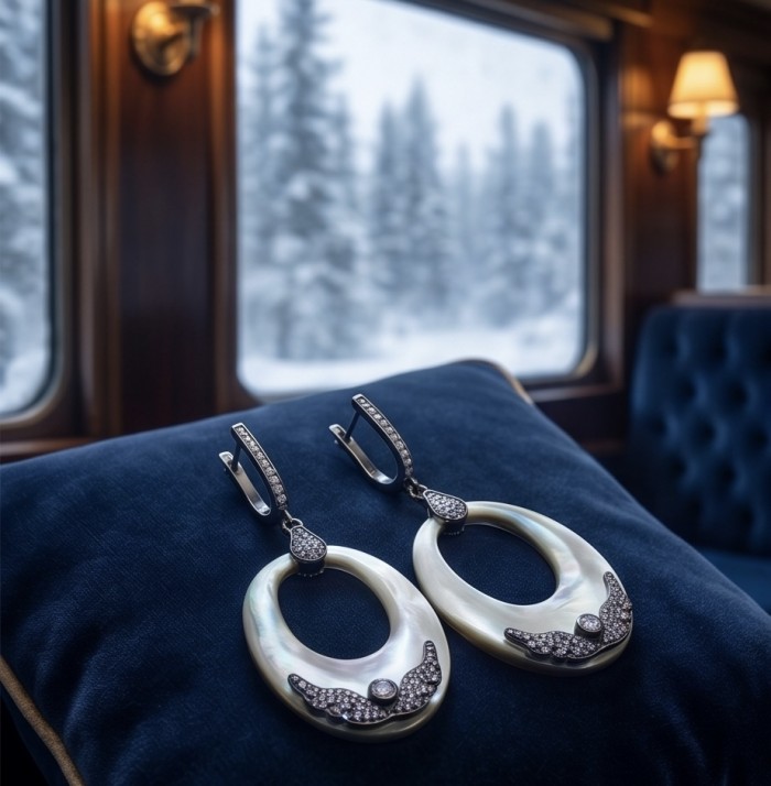 Vintage design Genuine Rainbow Abalone .925 Sterling Silver dipped in black rhodium handcrafted Large Statement Earrings - Vintage earrings on velvet, side view, snowy train window background.