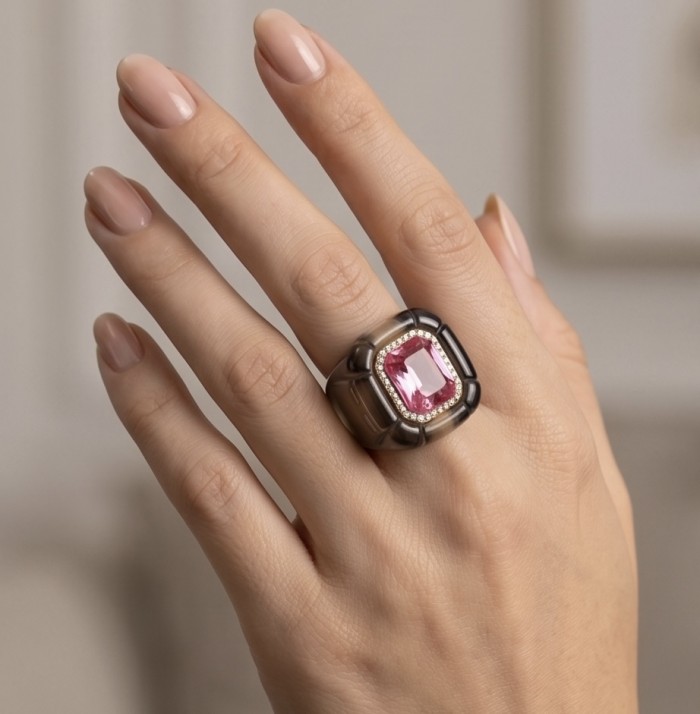 Candy Store - Modern Design Natural Brown Raisin Pink Topaz .925 Sterling Silver ring size 8 1/4 - Worn on hand: Modern Design Raisin Pink Topaz ring close-up.