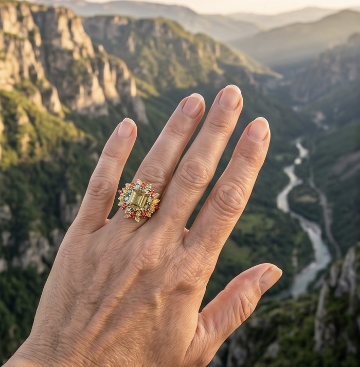 Costa del Sol 18.8 carat Genuine Lemon Quartz Sapphire .925 Sterling Silver handcrafted ring size 7 1/2 - Lemon quartz ring worn on hand with scenic mountain background.