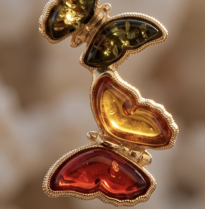 Two Butterflies carved Baltic Polish Amber 18k Gold over .925 Sterling Silver earrings - Close-up of two butterfly amber earrings in 18k gold settings.